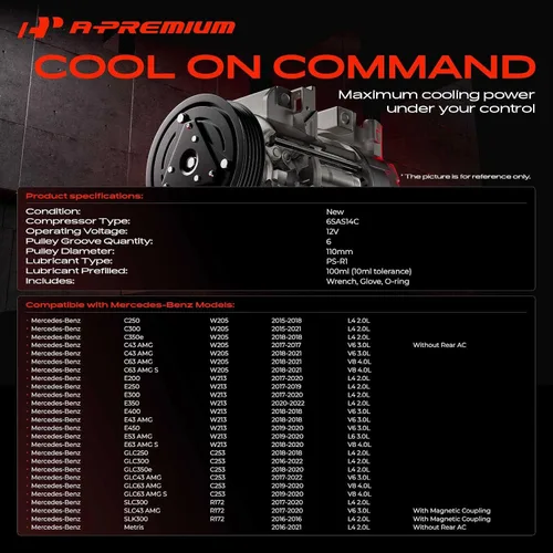 Vista 2 de A-Premium Compresor de aire acondicionado AC con embrague Compatible con Mercedes-Benz C250, C300, C350e, C43 AMG, C63 AMG, E200, E250, E300, E350