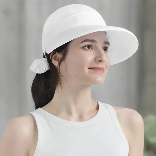 Vista 54 de SUN CUBE Sombrero de sol para mujer para protección UV al aire libre, sombrero de sol de ala ancha, cola de caballo, sombrero de playa convertible