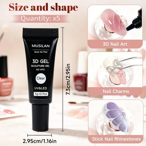 Vista 5 de MUSILAN Gel para esculpir uñas 3D, 5 piezas de gel de arte constructor 0.53 oz Gel Escultor