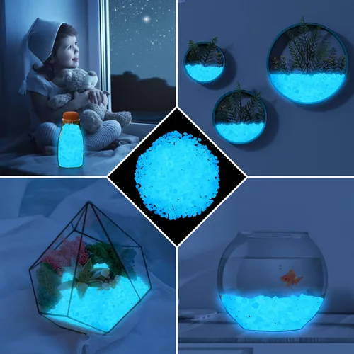 Vista 4 de 300 piezas de piedras que brillan en la oscuridad, guijarros luminosos, piedras luminosas para exteriores para pecera, jardín, patio, acuario