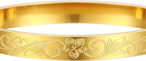 Vista 2 de Pulsera de acero inoxidable para mujer con flor de la vida grabada en oro, Acero inoxidable, No es una piedra preciosa