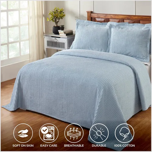 Vista 2 de Better Trends Colchas de Chenille Tamaño Individual, Azul 100% Algodón Chenille Diseño de Rayas Acolchado Cobertor Suave Liviano, 96"x110" con 1