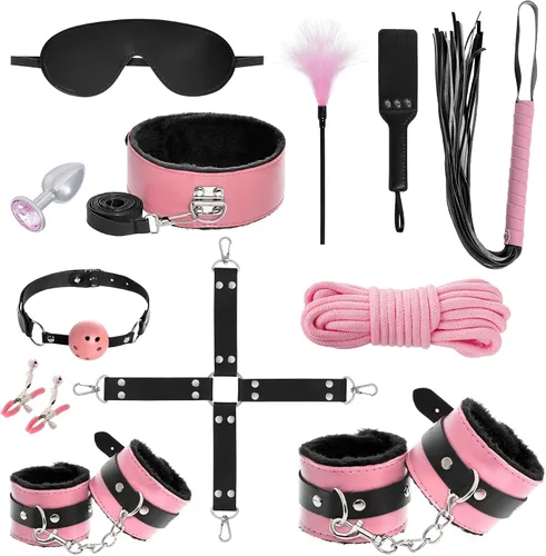 Vista 12 de Rbenxia 12 piezas de kits de restricciones BDSM Bondage para el sexo, esposas de fetiche, esposas de tobillo, collar, venda para los ojos, látigo
