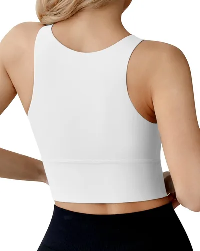 Vista 2 de Ama Larsi Sujetador deportivo de cuello alto para mujer, de corte largo, de impacto medio, sin varillas, acolchado, para yoga, gimnasio