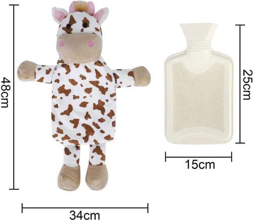 Vista 2 de Mini calentador de botellas de agua caliente con linda funda de animal de peluche de vaca, cintura, cuello, hombro, bolsa de agua fría y caliente