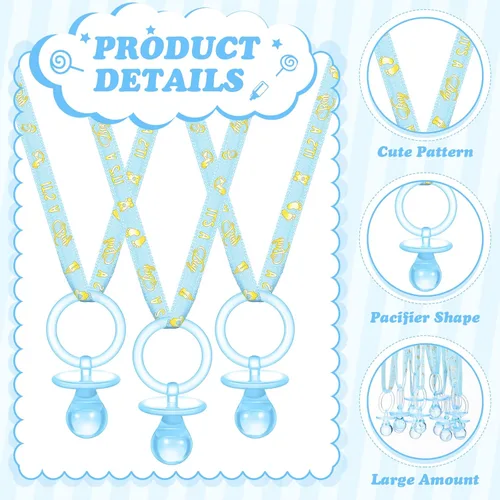Vista 2 de Geiserailie 36 piezas de chupetes de baby shower, collar de chupetes acrílicos azules para niños, regalos de fiesta para niños, chupones para baby