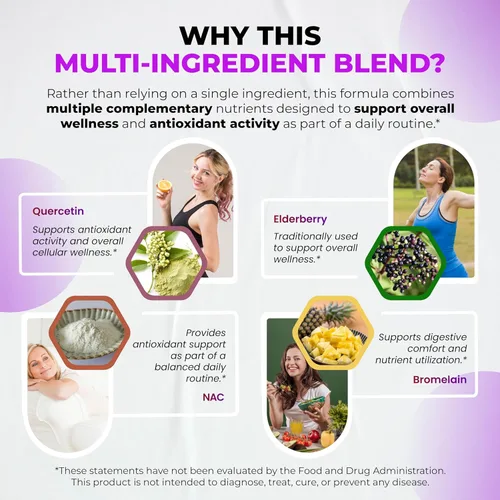 Vista 5 de Suplemento de quercetina con bromelina, vitamina C y zinc, nattoquinasa, NAC, saúco, saúco Complejo ultra antioxidante 8 en 1 para la salud inmune