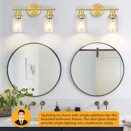 Vista 5 de Lámparas de baño, lámpara de tocador de latón cepillado de 2 luces, apliques de pared dorados, iluminación moderna de pared de baño montada en pared