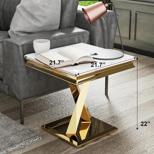 Vista 3 de Juego de 2 mesas auxiliares doradas, mesa auxiliar cuadrada blanca moderna con base en X de metal pulido dorado, elegante mesa decorativa