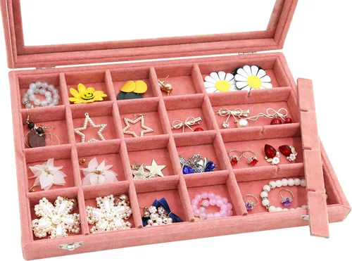 Vista 3 de Wudygirl Organizador de joyas, bandeja de terciopelo para joyas, caja de joyería de 24 rejillas con tapa, apilable, almacenamiento de joyas