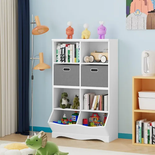 Vista 6 de BOTLOG Organizador de almacenamiento de juguetes blanco, estantería y estantería para niños con 2 contenedores y cubículos, armario