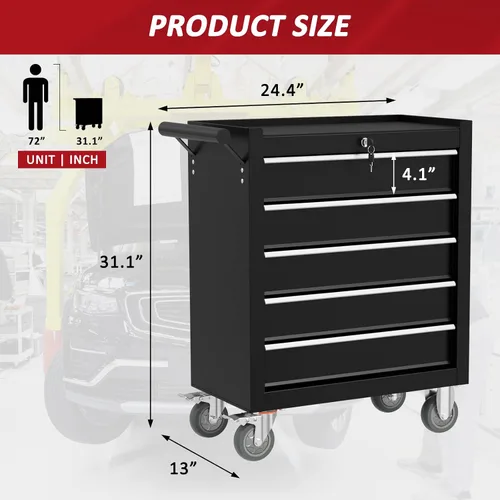Vista 2 de Caja de herramientas rodante con ruedas con 5 cajones, cajas de herramientas portátiles con ruedas, caja de herramientas con sistema de bloqueo