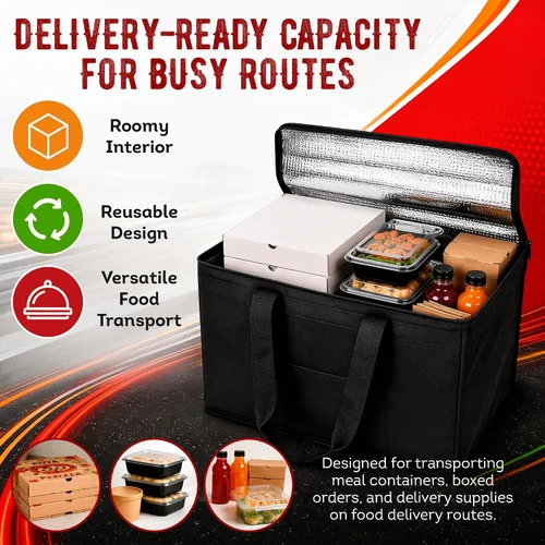 Vista 6 de APQ Supply Bolsa de entrega de alimentos aislada negra, bolsas de comestibles aisladas con cierre superior, bolsa de catering para entregas