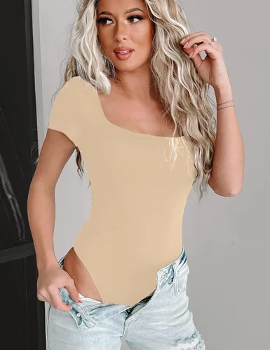 Vista 3 de ANGGREK Camisetas básicas de cuello cuadrado para mujer, monos de una pieza, manga larga, ajuste adelgazante