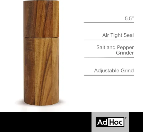 Vista 2 de AdHoc Molinillo de sal y pimienta de madera de acacia, molinillo de mano ajustable para sal y pimienta, molinillo manual recargable para especias