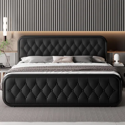 Vista 9 de Feonase Marco de cama tamaño completo, marco de cama resistente con cabecera de piel sintética, cama de plataforma tapizada con listones de metal