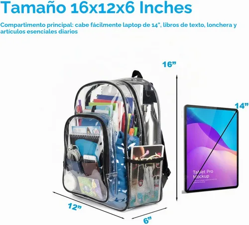 Vista 3 de Keepcross Mochila transparente para la escuela, bolsa transparente Negro