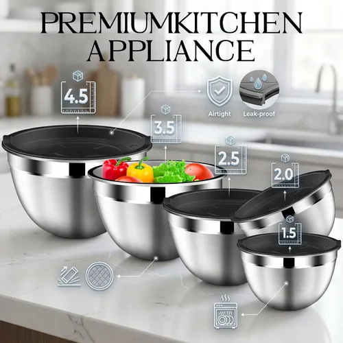 Vista 2 de DUTZUN Stainless Steel Mixing Bowls with Airtight Lids Set of 5, Black Best Kitchen Gifts for Mixing, Baking, Prep, Salads, Serving, Cooking