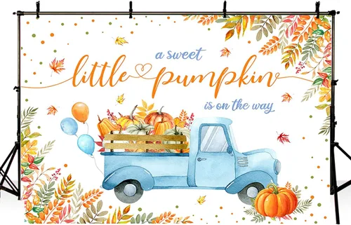 Vista 3 de MEHOFOND Telón de fondo de calabaza para baby shower de 7 x 5 pies, diseño de calabaza dulce está en camino, fondo azul para fotografía de hojas