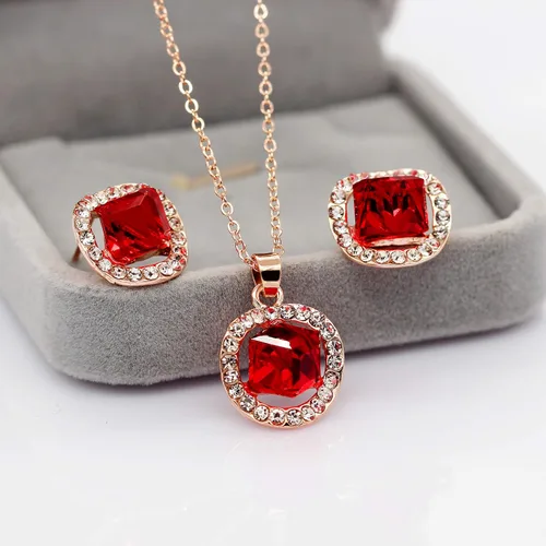 Vista 3 de Uloveido Juego de collar y pendientes de tuerca chapados en oro rosa para mujer, diseño de cubo cuadrado y cristal para boda, fiesta, joyería