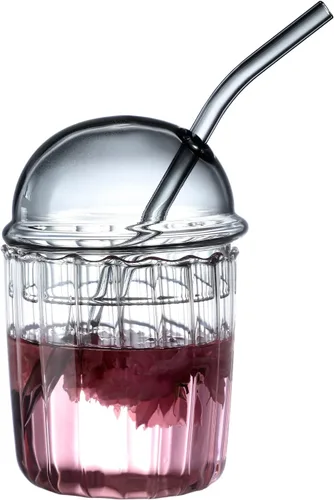 Vista 9 de TITA-DONG Lindos vasos para beber con tapa de cúpula y pajilla, vasos reutilizables de boca ancha para batidos de 15 onzas, vaso de vidrio para café