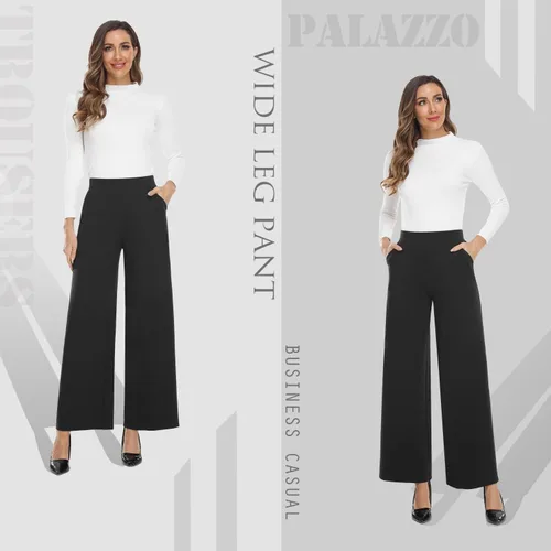 Vista 3 de MISS MOLY Pantalones palazzo de cintura alta y pierna ancha para mujer, pantalones elásticos casuales de negocios