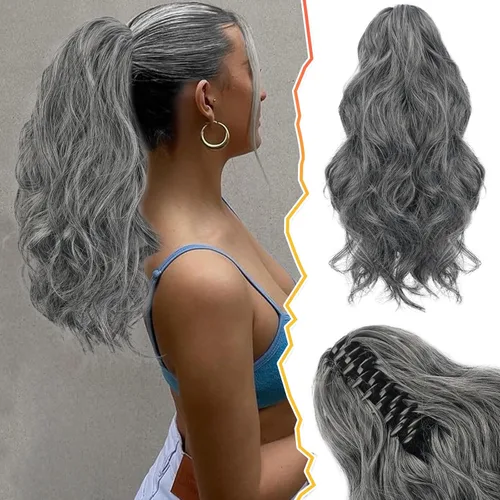 Vista 16 de BARSDAR Extensiones de cola de caballo con clip de garra, extensiones de cabello corto ondulado negro de 14 pulgadas para mujer, extensiones