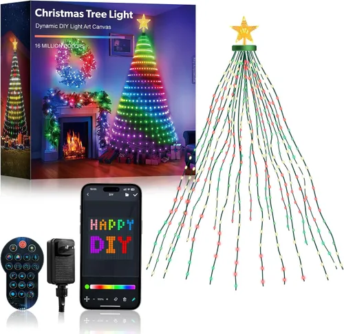 Vista 9 de Super RGB - Luces inteligentes para árbol de Navidad de 6 pies con 400 LED, luces de cascada para árbol de Navidad que cambian de color, con anillo
