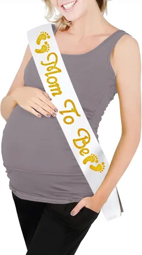 Vista 2 de Mom to be Sash, Satin with Gitter Font and Baby Foot, Best Baby Shower Mommy Decor, Gender Reveal Party Boy Or Girl