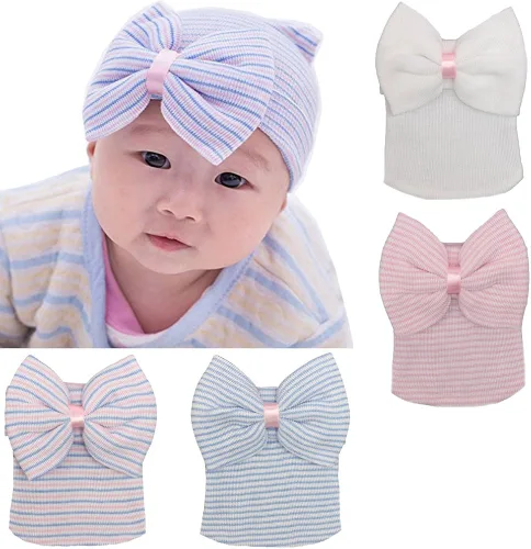 Vista 9 de DRESHOW BQUBO Newborn Hospital Hat Infant Baby Hat Cap with Big Bow Soft Cute Knot Nursery Beanie