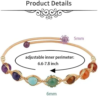Vista 4 de ASGIFT Pulsera de 7 chakras para mujeres y niñas, cuentas de piedra de cristal curativo, ajustable, yoga, meditación, oro de 14 quilates, joyería