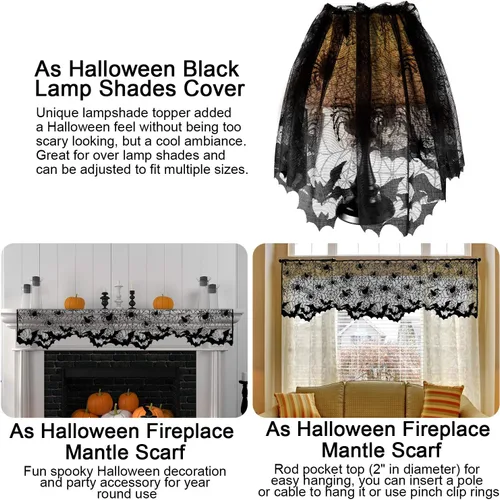 Vista 4 de Boao 2 cortinas de telaraña de Halloween, cubierta de encaje para ventana, puerta, chimenea, cubierta de bufanda con 2 cintas para decoración