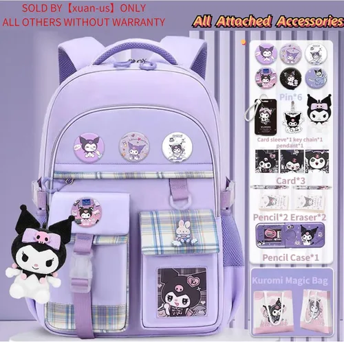 Vista 2 de HAPIKI Mochila Kawaii con accesorios lindos para jardín de infantes con lindo pin Kuromi mochila de felpa Sanrio, Púrpura