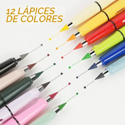 Vista 6 de Ainiv Lápiz de color sin tinta, 12 juegos de lápiz infinito sin afilar, reutilizable, con 12 puntas reemplazables de color extra para escribir