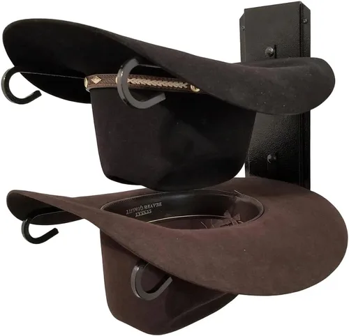 Vista 2 de American Made 2 Hat Cowboy Hat Rack - Soporte clásico para sombreros montado en la pared de acero negro