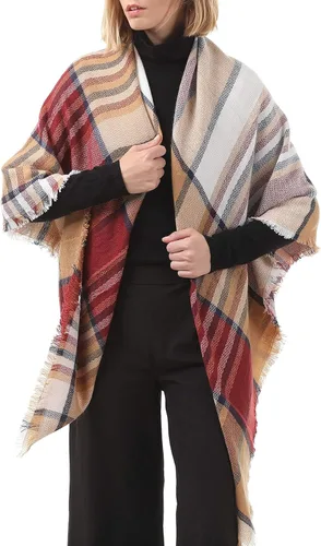 Vista 4 de Bufanda clásica de otoño e invierno para mujer, bufanda a cuadros con borlas, cálida, suave, gruesa, grande, bufandas