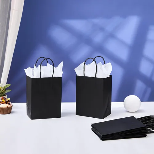 Vista 5 de SUNCOLOR 25 bolsas pequeñas de regalo negras con asas, mini bolsas de regalo de 6 pulgadas para recuerdos de fiesta, golosinas y recuerdos de boda