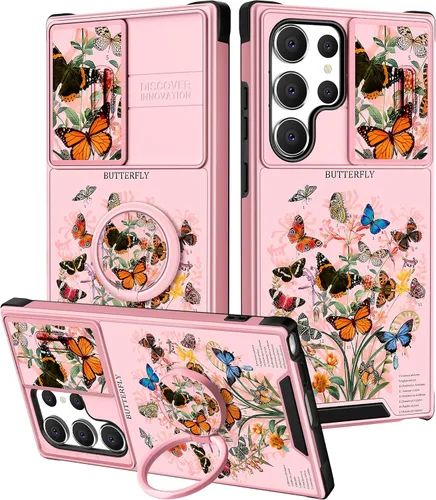 Vista 111 de Funda 2 en 1 para Samsung Galaxy S23 Ultra Flamingo para mujeres y niñas, diseño femenino de flamencos con cubierta deslizante para cámara y soporte