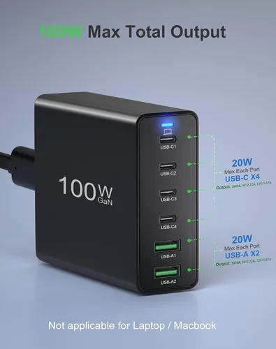 Vista 4 de Cargador USB C 100W GaN 6 puertos USB C tipo estación de carga, bloque de concentrador, cargador de pared USB C, adaptador de corriente con 4 USB