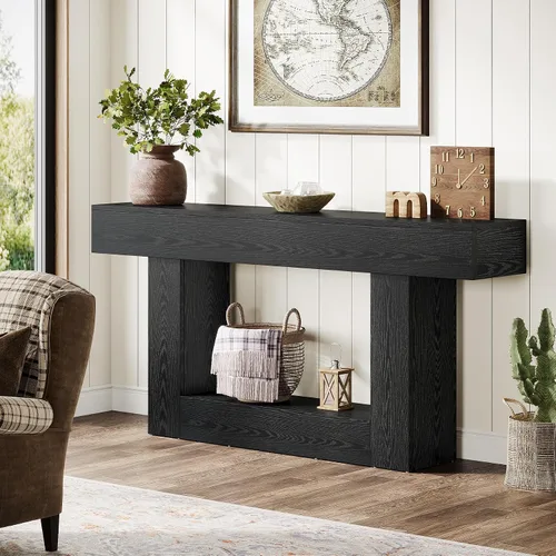 Vista 4 de Tribesigns Mesa consola de 63 pulgadas, mesa de entrada de 2 niveles con base en forma de U, mesa de sofá estrecha y larga de madera detrás del sofá