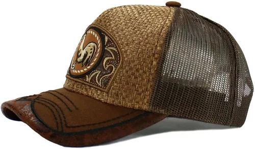 Vista 4 de Gorra de béisbol curvada de malla de camionero bordada estilo occidental de México con diseño de gallo