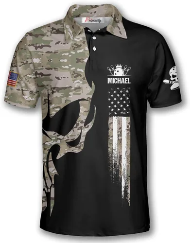 Vista 2 de PRIMESTY Camisas de bolos personalizadas para hombres, camisetas patrióticas de bolos con bandera estadounidense, polos de bolos personalizados