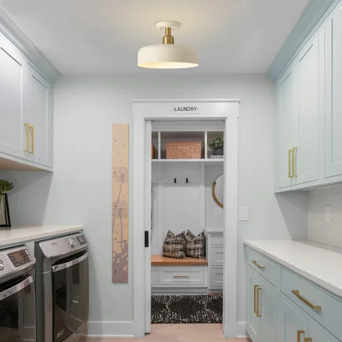 Vista 8 de BISAMIYA Moderna lámpara de techo semiempotrada, acento de latón y pantalla de metal de 12.6 pulgadas, para cocina, pasillo, entrada, despensa