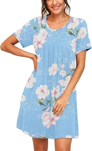 Vista 2 de PrinStory - Camisón de manga corta para mujer con plisado y cuello redondo