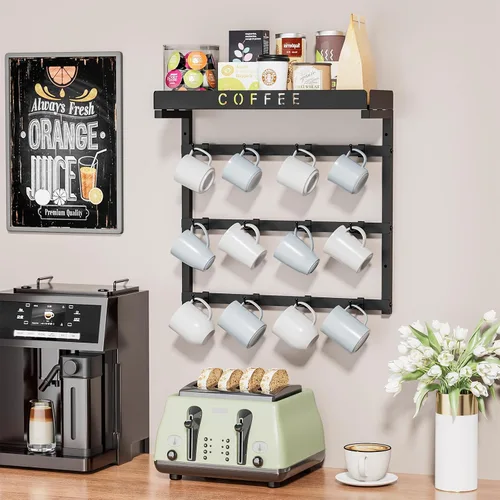Vista 8 de RCHYFEED Soporte para taza de café montado en la pared, organizador de tazas para exhibición y colección de cocina, soporte de metal para tazas