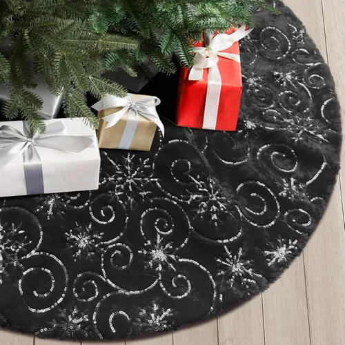 Vista 29 de Faldones de Felpa para Árbol de Navidad, 24 pulgadas, Lujosa Cubierta de Base de Árbol de Navidad de Piel Sintética Negra con Copos de Nieve Dorados