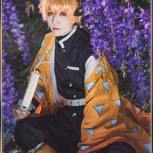 Vista 4 de Kicpot Zenitsu Cosplay-Demon Slayer - Disfraz de cosplay de 8 piezas de Agatsuma Zenitsu kimono de anime disfraz de Halloween para niños y adultos