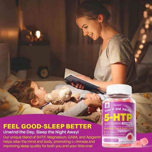 Vista 4 de Gomitas 5HTP para adultos y niños mayores de 8 años, gomitas sin melatonina con glicinato de magnesio, GABA, L-glicina, Ashwagandha, vitamina B6