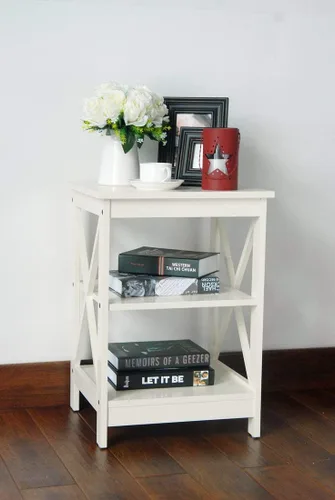 Vista 2 de White Finish Wooden X-Design Chair Side End Table with 3-tier Shelf