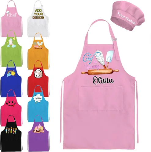Vista 14 de Delantal personalizado para niños y sombrero de chef, delantal personalizado para niños con nombre, delantal de pintura personalizado, para cocinar